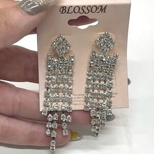 Blossom Silver Rhinestone Waterfall Dangle Earrings Statement Formal Wedding